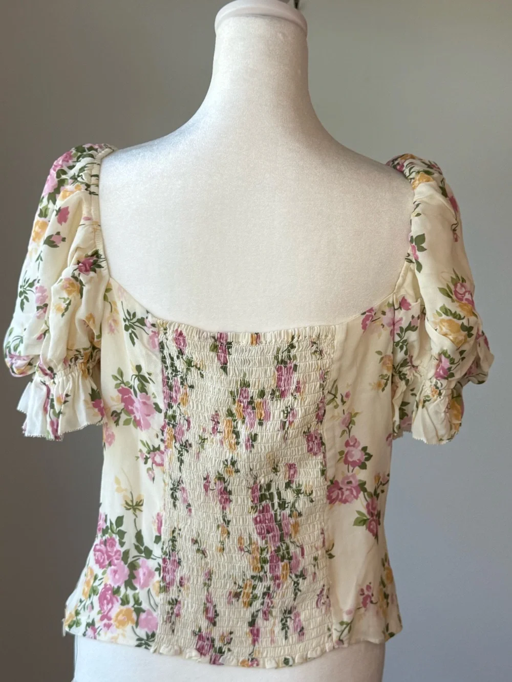 Reformation Marin Cream Floral Square-Neck Puff Sleeve Top